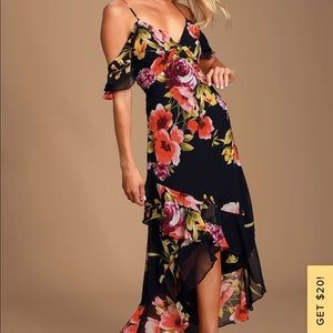 LULUS XL Love in Bloom Black Floral Print Off-the-Shoulder High-low Dress